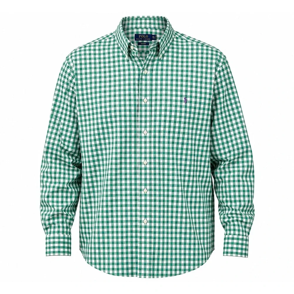 Polo Ralph Lauren Button Down Size XXL Green Gingham Non-Iron Preppy Collegiate